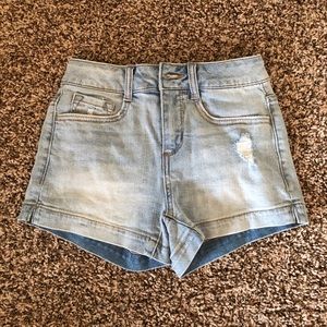 Light wash distressed denim shorts